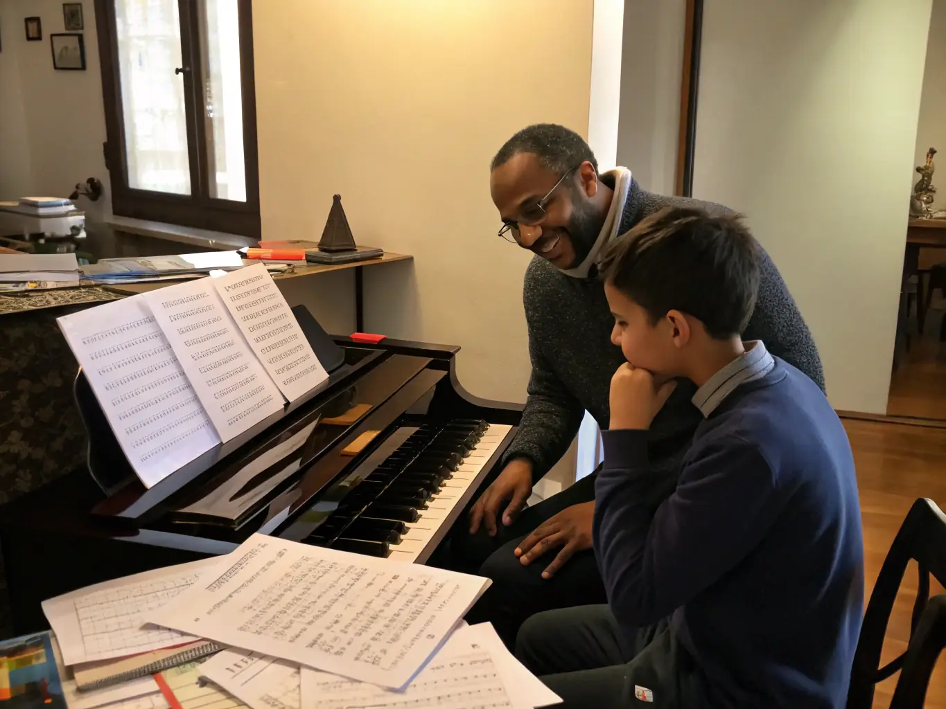 A photo of a mentor working closely with a young musician, providing personalized guidance and support. The setting is a quiet practice room, and the atmosphere is supportive and encouraging.