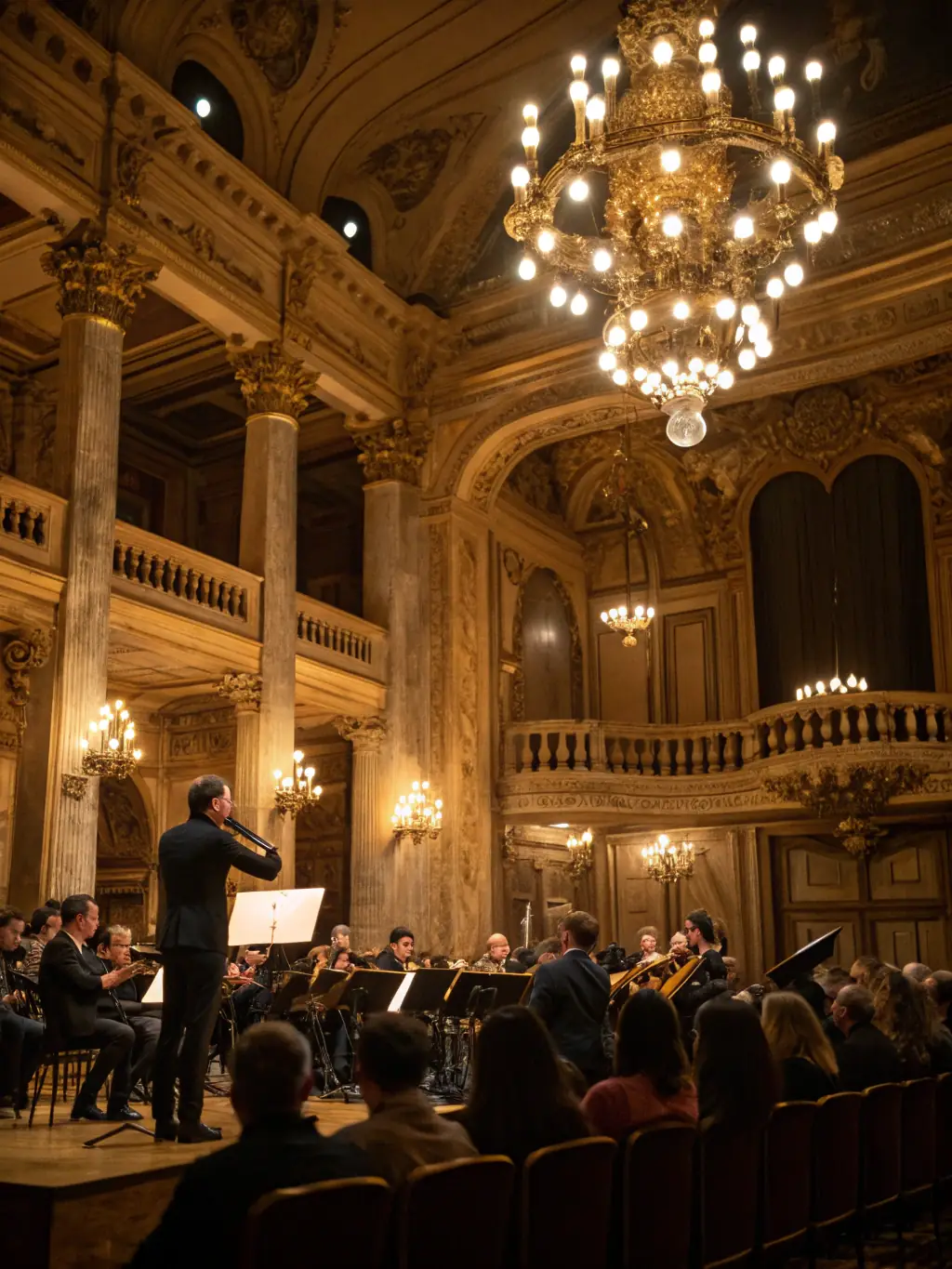 A vibrant image of a contemporary music concert, featuring musicians performing avant-garde pieces in a modern concert hall, emphasizing the innovative nature of the event.