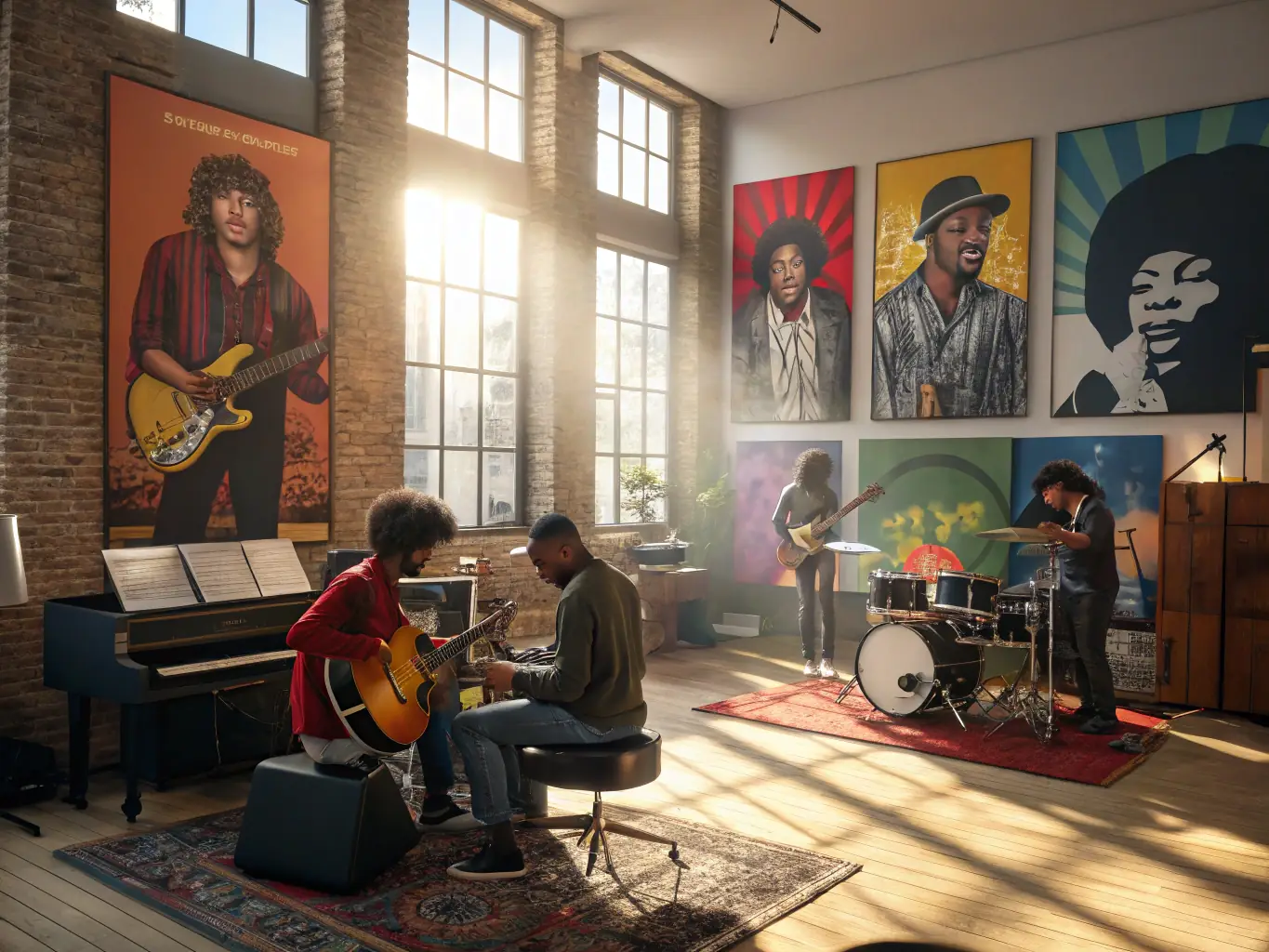 A dynamic image of a group of young musicians participating in an interactive workshop, experimenting with new compositions and techniques. The workshop is held in a modern studio, and the participants are engaged and enthusiastic.