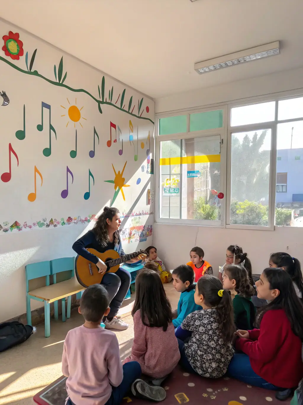 A collaborative image of an educational workshop, showing instructors and young musicians engaged in a masterclass, focusing on contemporary techniques and repertoire.