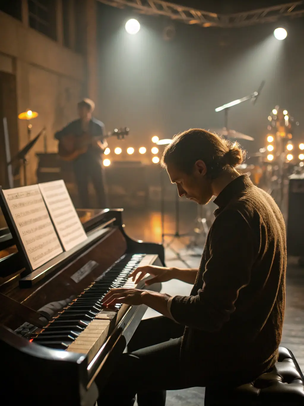 A dynamic image of a piano competition, showcasing a pianist performing on stage with judges in the background, capturing the intensity and excitement of the event.
