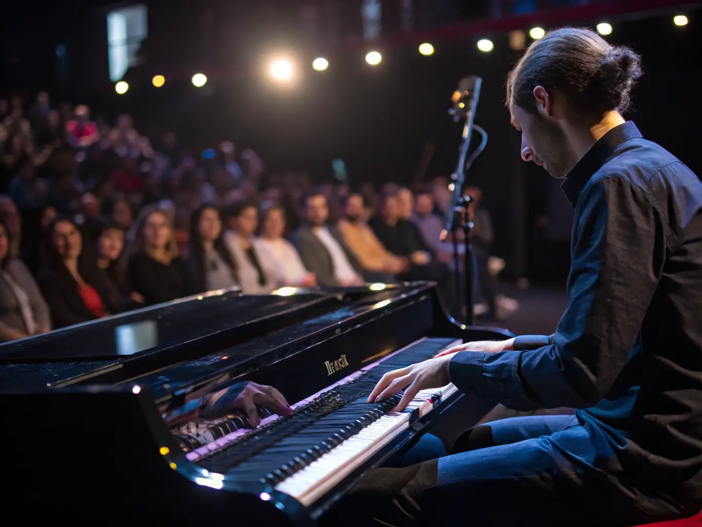A vibrant photo of a piano masterclass in session, with a renowned pianist guiding young musicians through a complex piece of contemporary music. The setting is a well-lit concert hall, and the atmosphere is focused and inspiring.