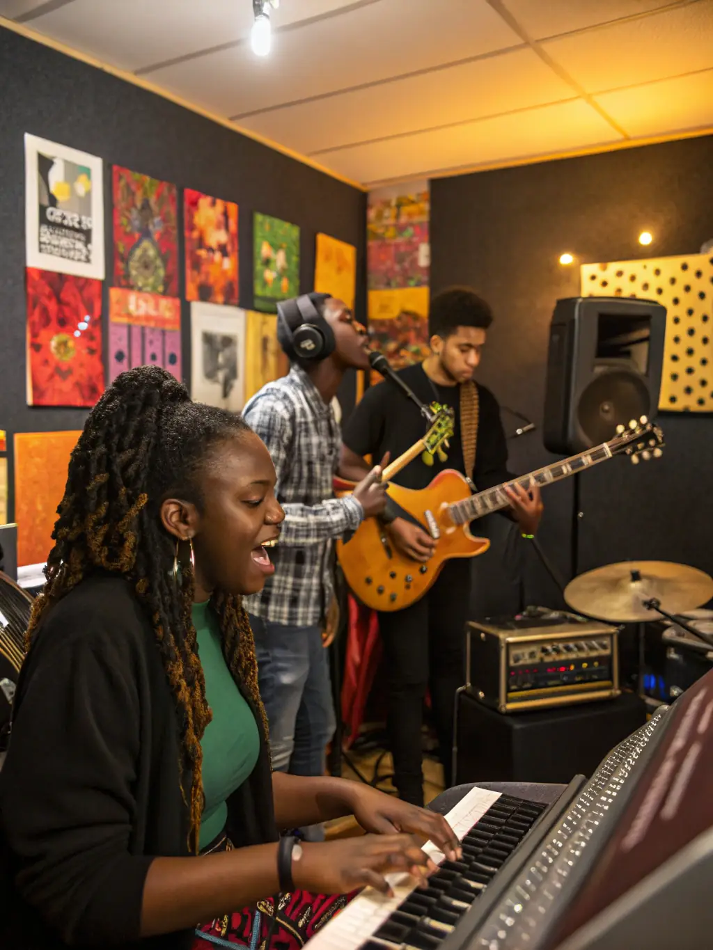 A diverse group of musicians collaborating on a new composition, highlighting the collaborative and innovative spirit of OCI's activities.