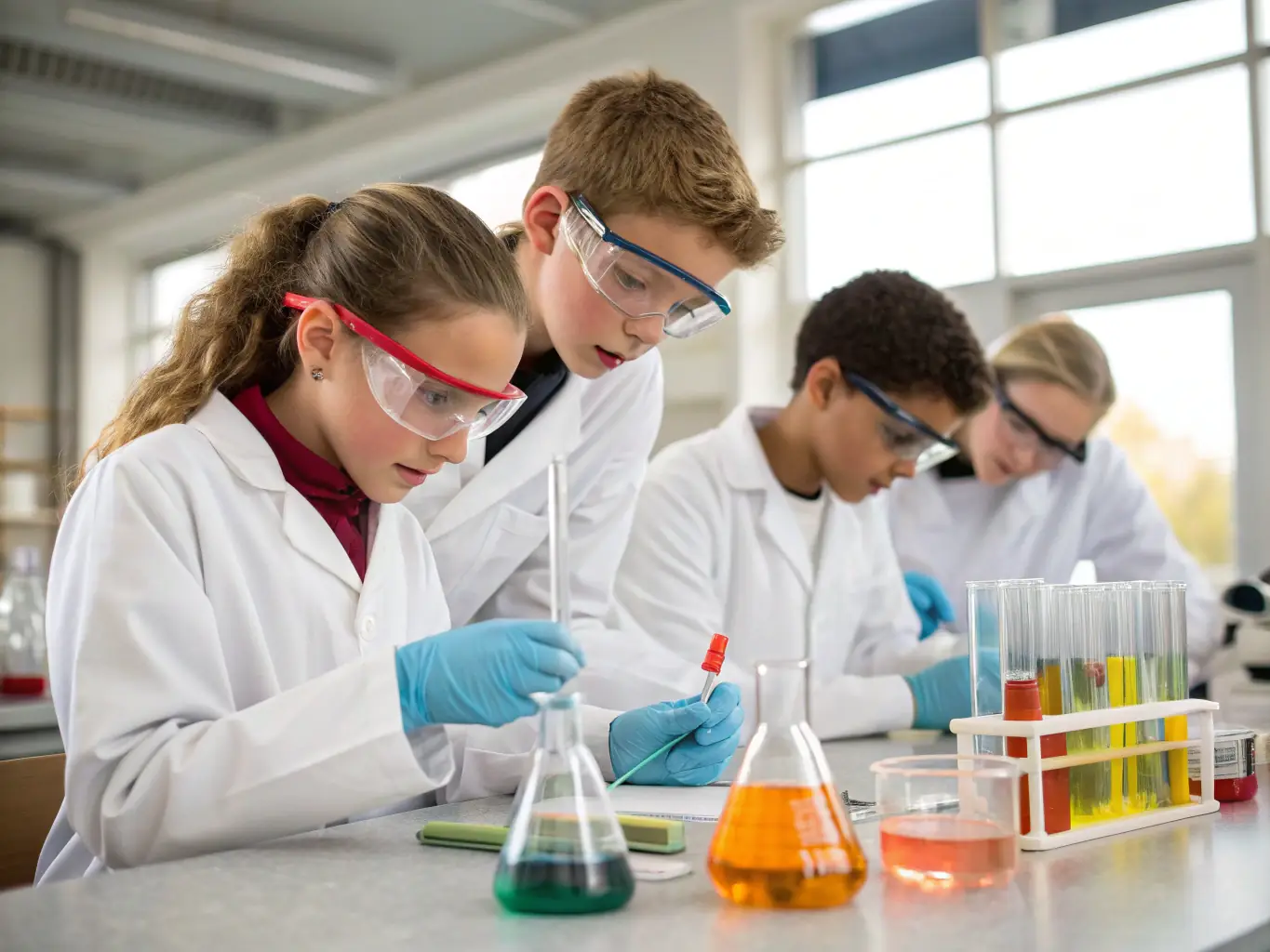 A group of children participating in a science experiment, wearing safety goggles and smiling, in a brightly lit classroom setting. The focus is on hands-on learning and engagement.