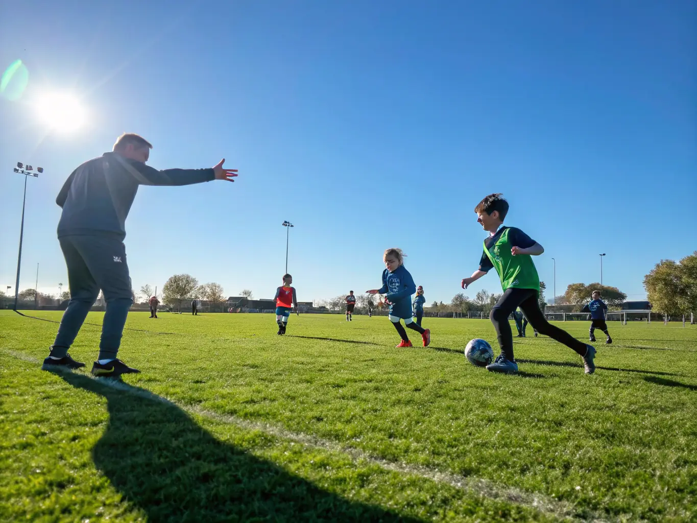 Children playing a game of soccer in a park, with a coach providing guidance and encouragement. The scene is filled with energy and teamwork.